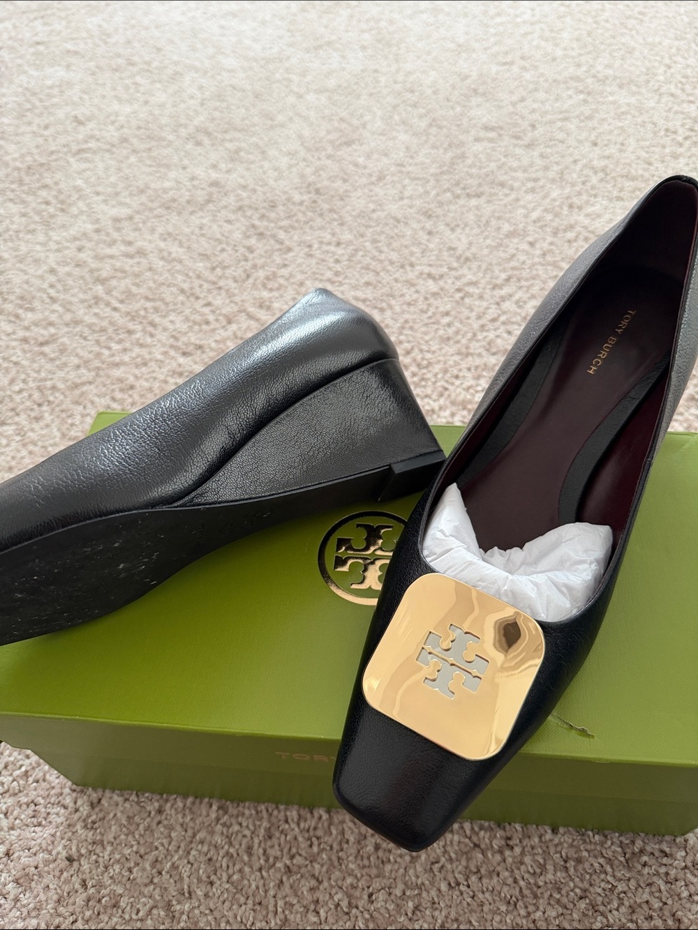 Tory Burch Black Leather Wedge Loafers with Gold Logo Plaque